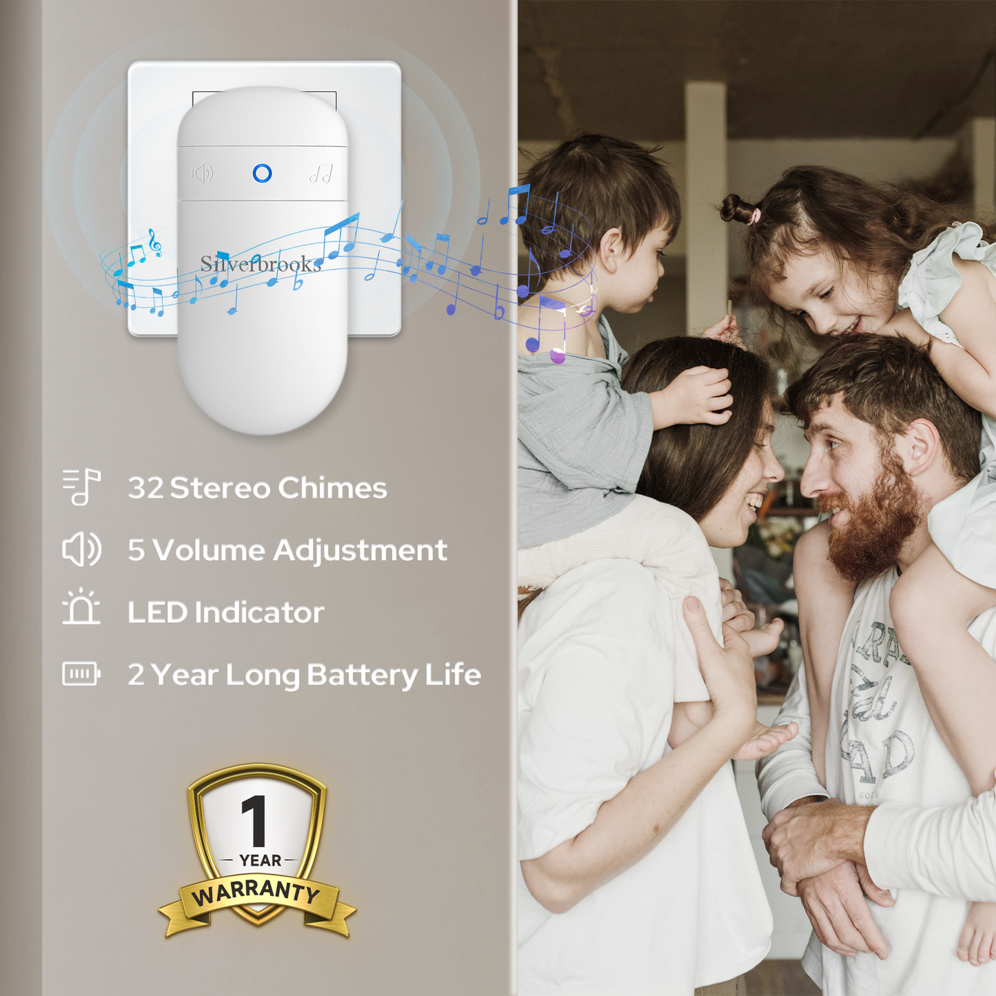 Silverbrooks Wireless Door Bell Kits with 32 Chimes-T300(White)