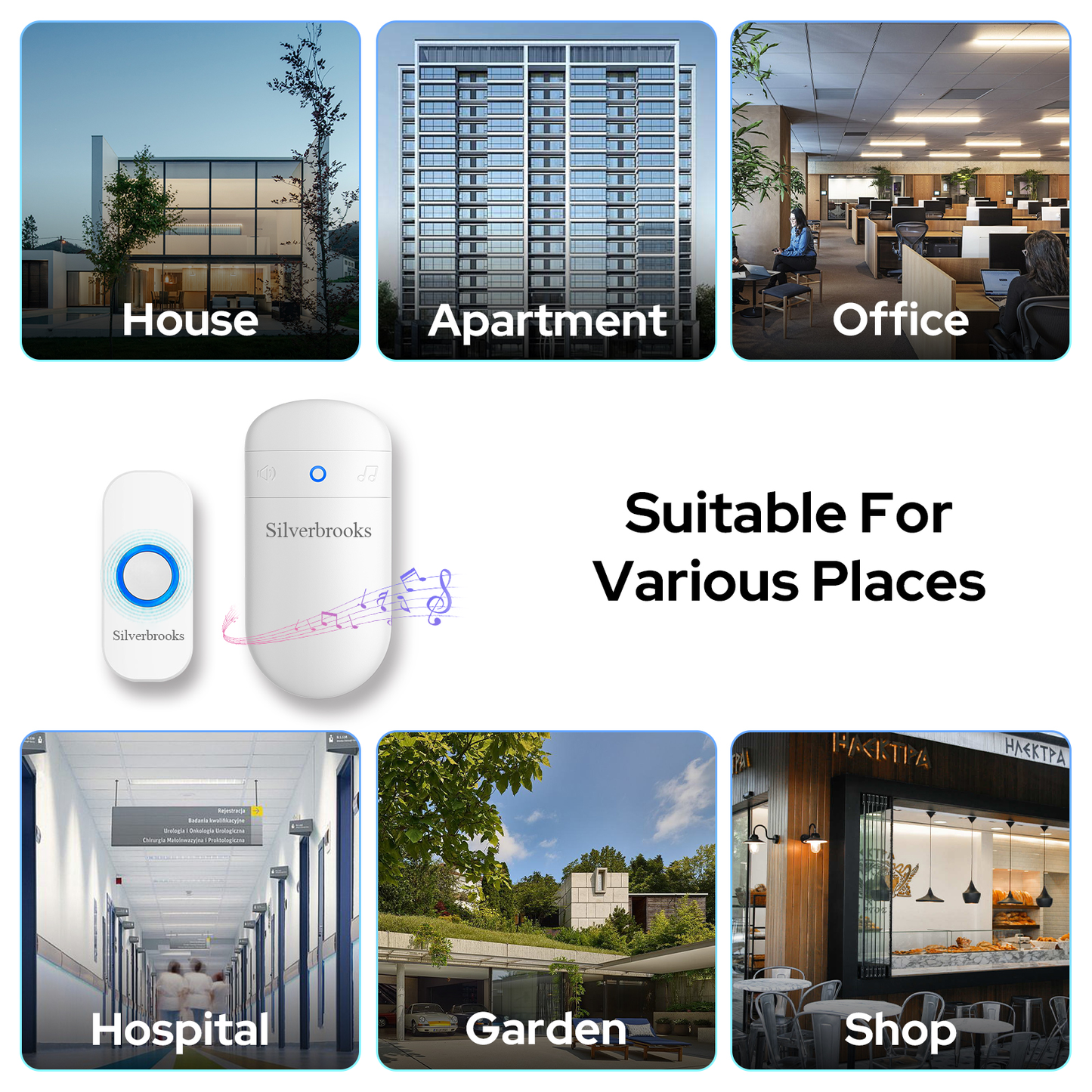 Silverbrooks Wireless Door Bell Kits with 32 Chimes-T300(White)
