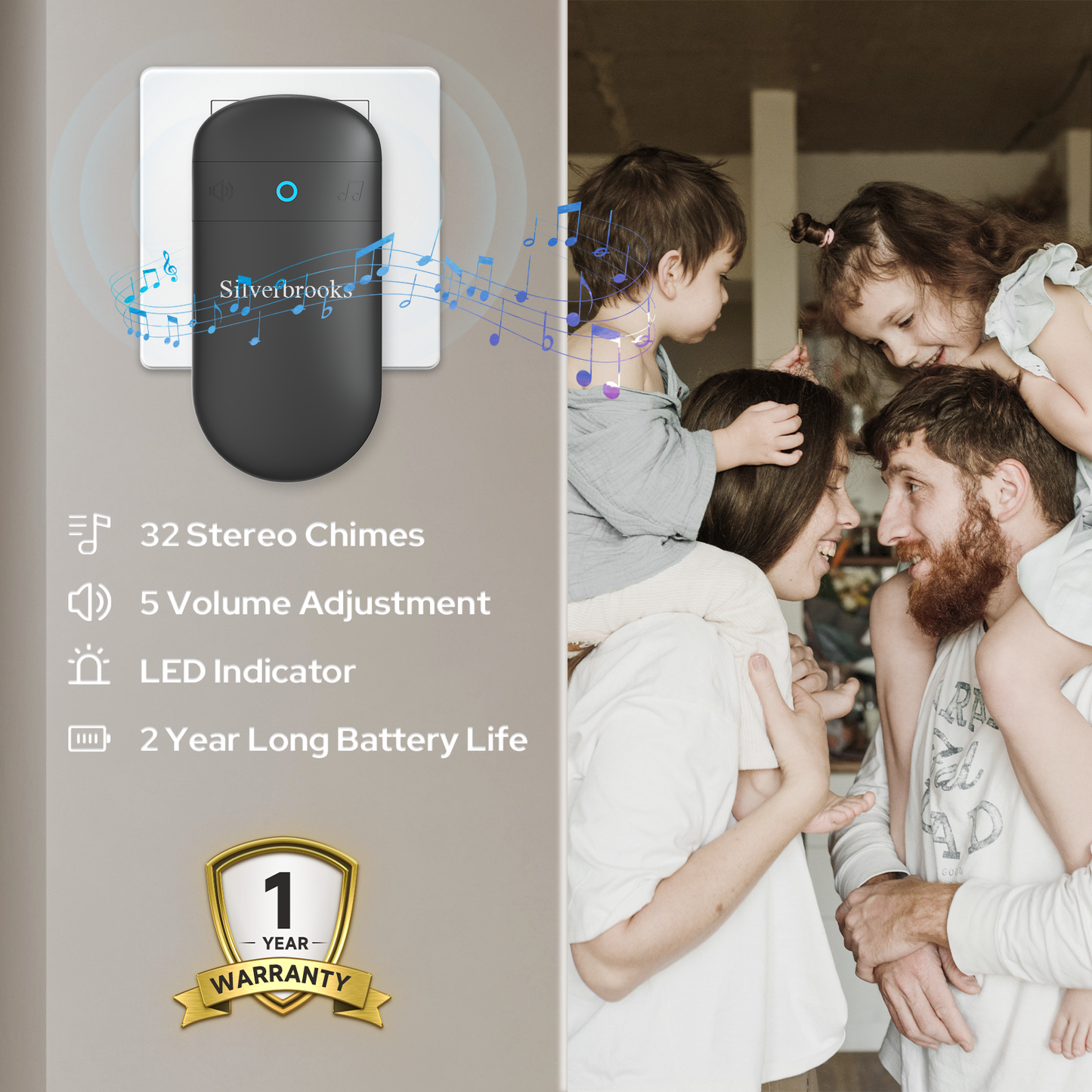 Silverbrooks Wireless Door Bell Kits with 32 Chimes-T300(Black)